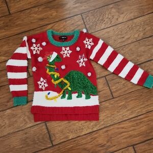 33 Degrees Red Womens XS Christmas Dino Sweater with Green Glitter And Sequins
